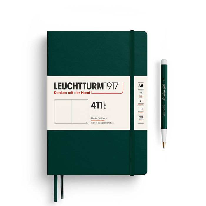 Libreta Medium (A5), Tapa dura, 411 páginas numeradas, Forest Green, Blanco