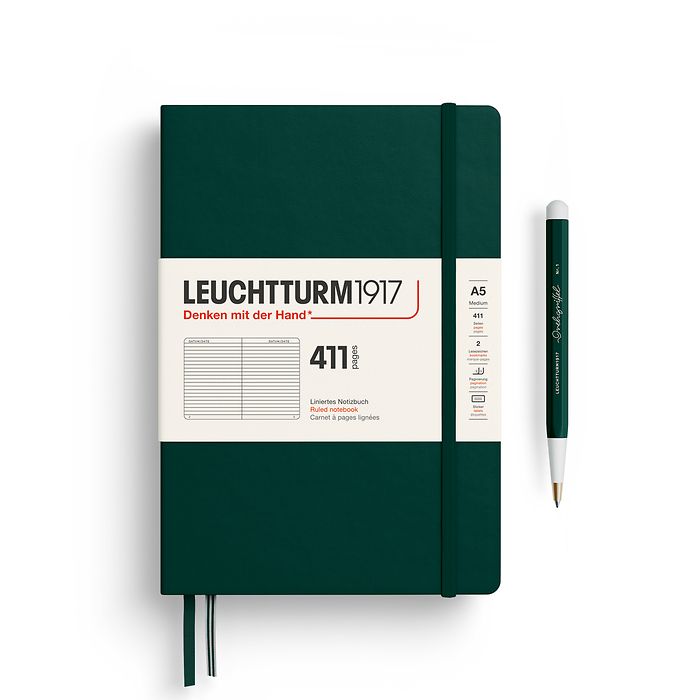 Libreta Medium (A5), Tapa dura, 411 páginas numeradas, Forest Green, Rayado